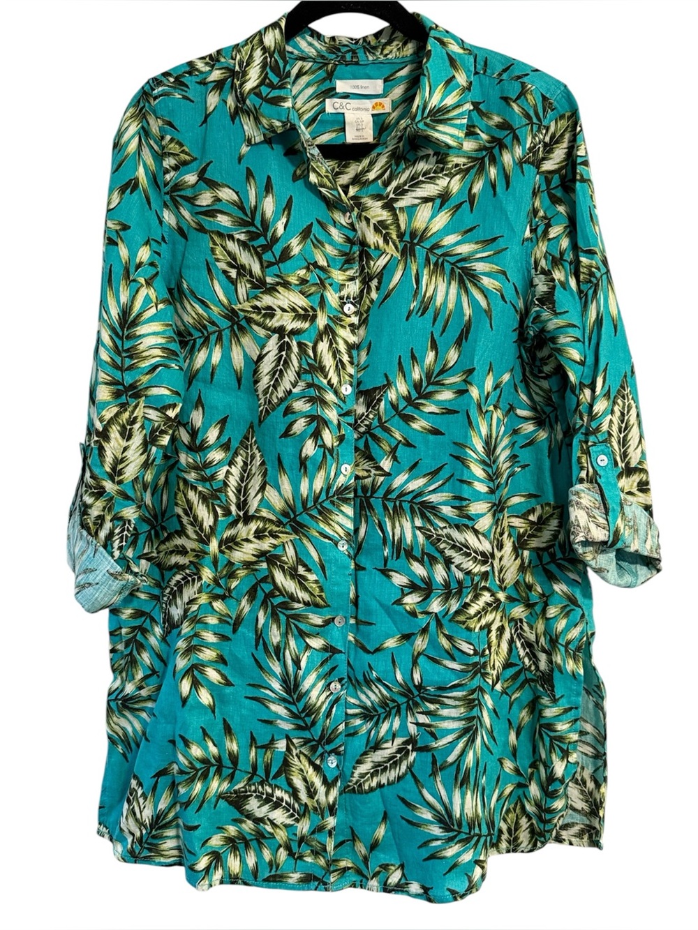 C&C California 100% Linen Tropical Print Button Down Tunic / Swim Cover